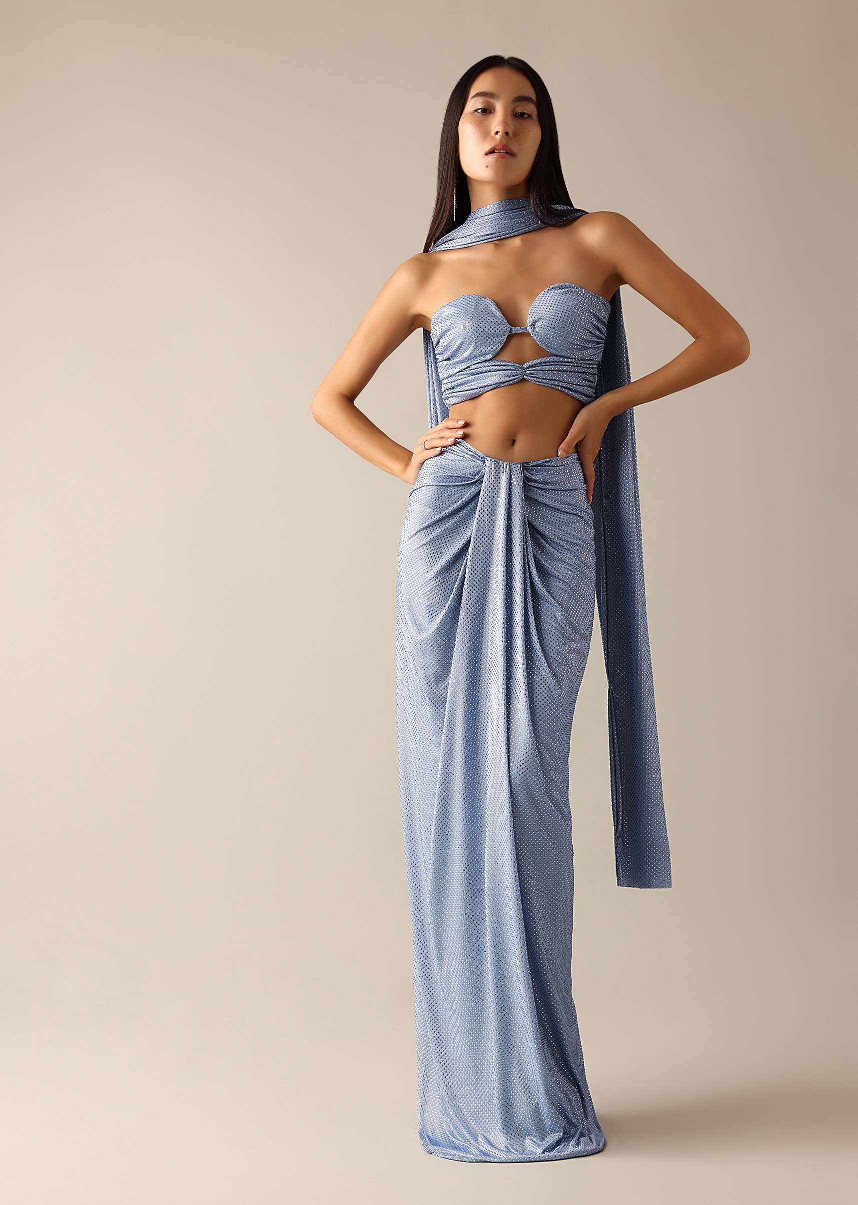 Blue Bodycon Blouse With A Dhoti Style Draped Skirt