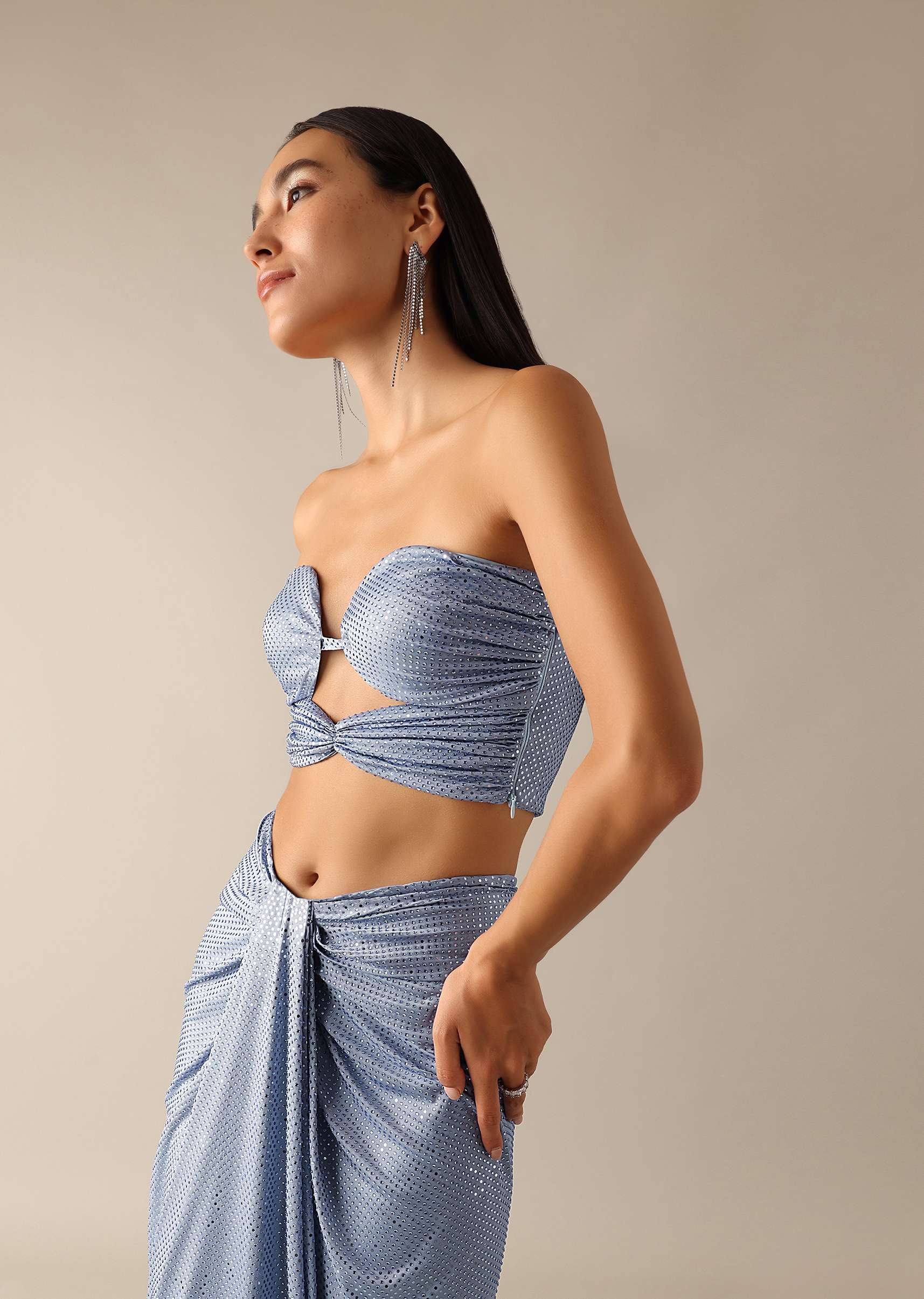 Blue Bodycon Blouse With A Dhoti Style Draped Skirt