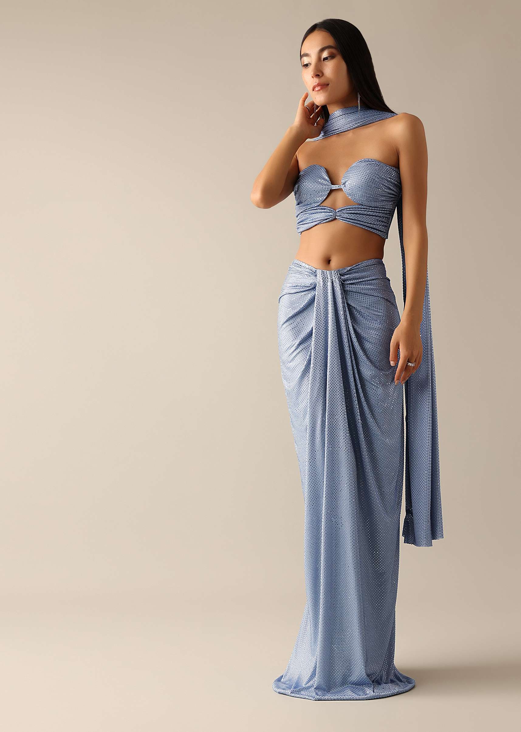 Blue Bodycon Blouse With A Dhoti Style Draped Skirt