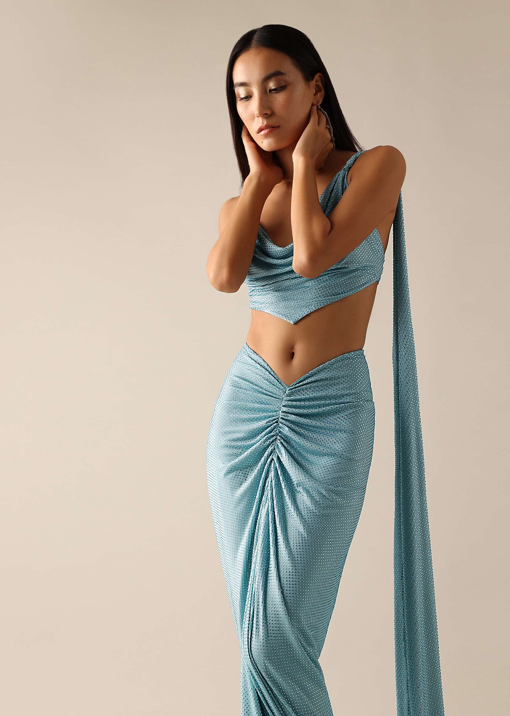 Blue Cowl Draped Blouse And Gathered Skirt Set