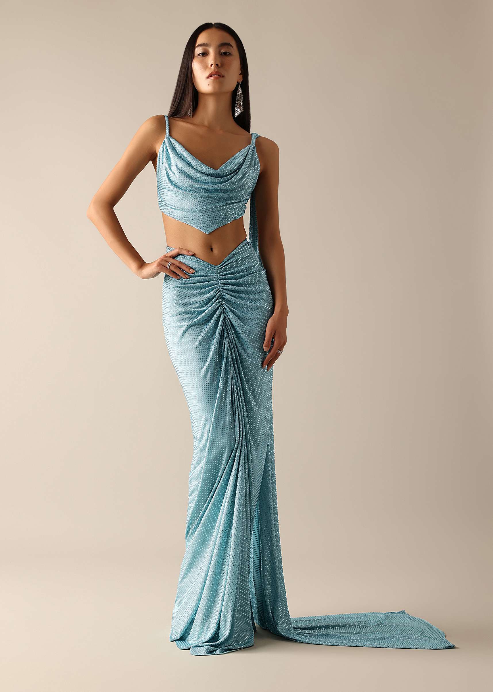 Blue Cowl Draped Blouse And Gathered Skirt Set