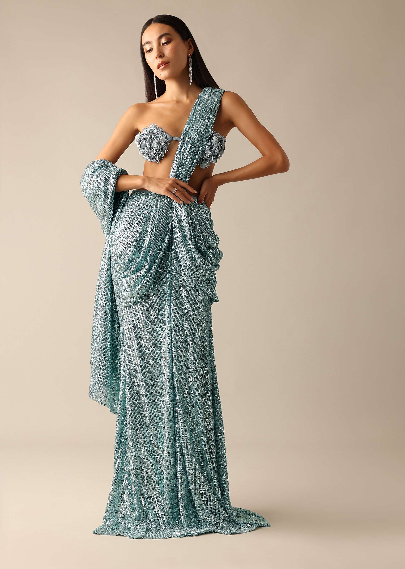 Blue Pre-Stitched Sequin Saree With An Embroidered Bustier Blouse