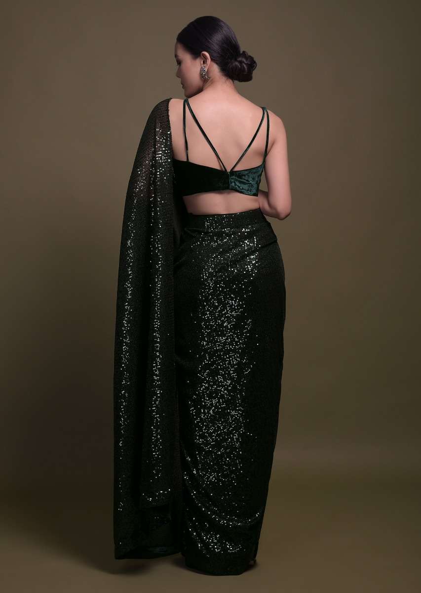 Bottle Green Ready Pleated Saree With Sequins All Over And Velvet Crop Top