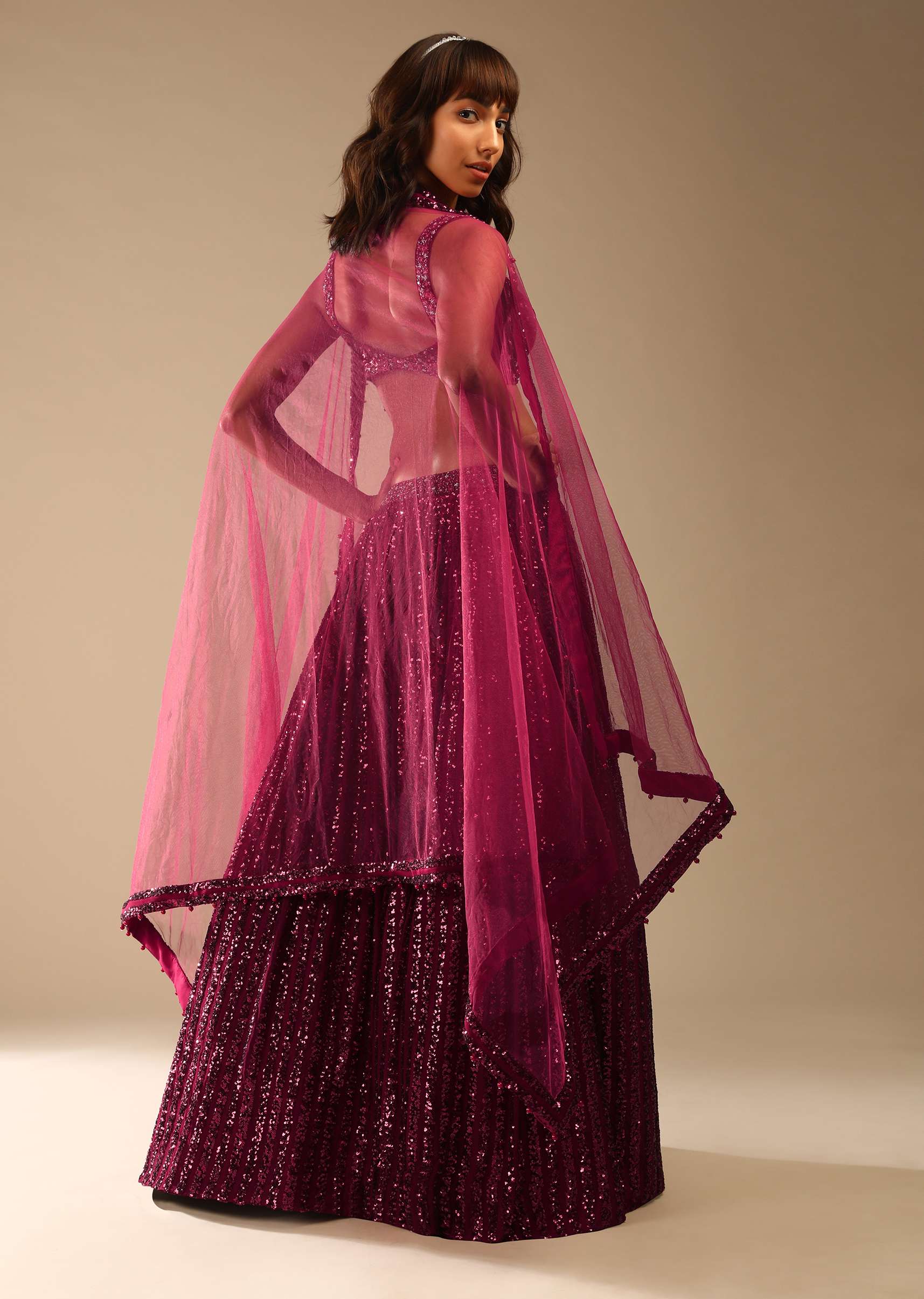 Burgundy Red Lehengaembellished In Sequins With A Velvet Choli Adorned In Flower Shaped Sequins
