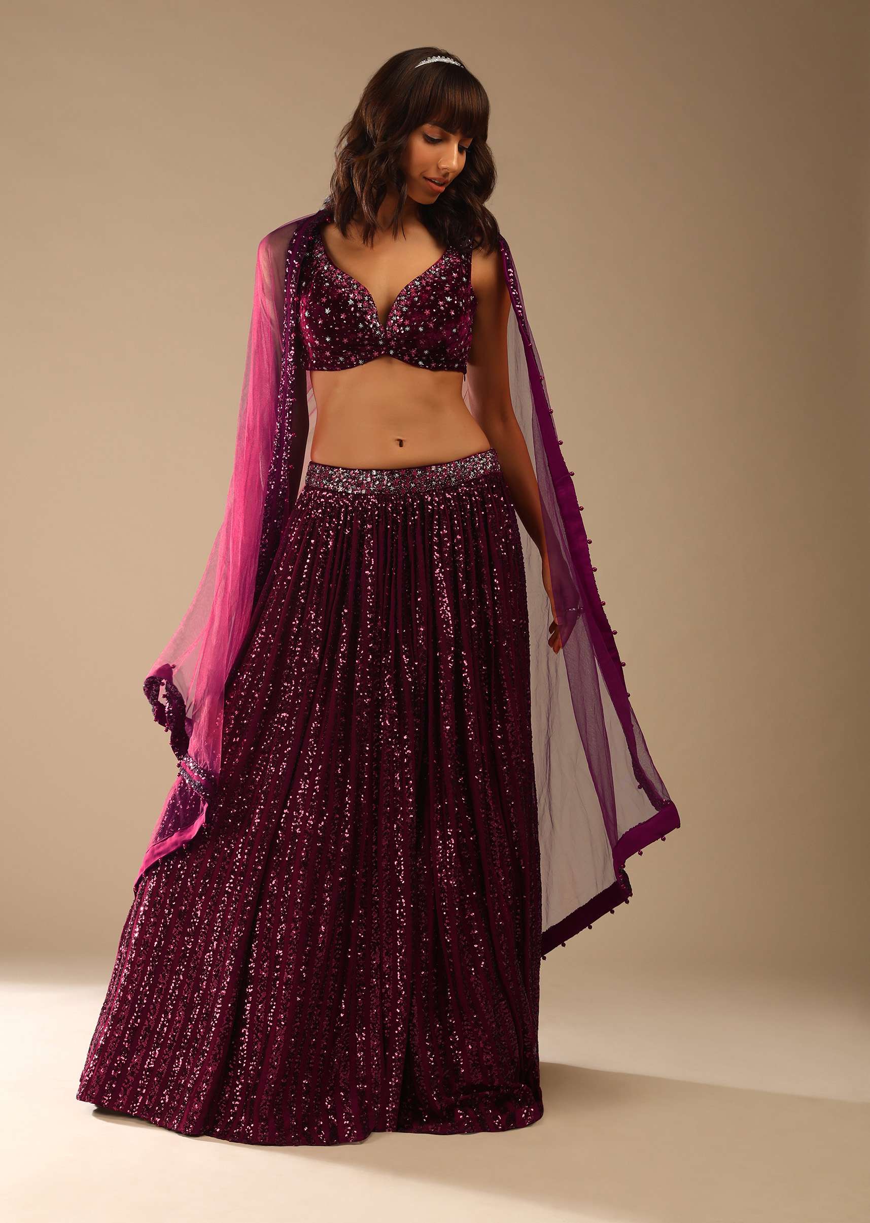 Burgundy Red Lehengaembellished In Sequins With A Velvet Choli Adorned In Flower Shaped Sequins