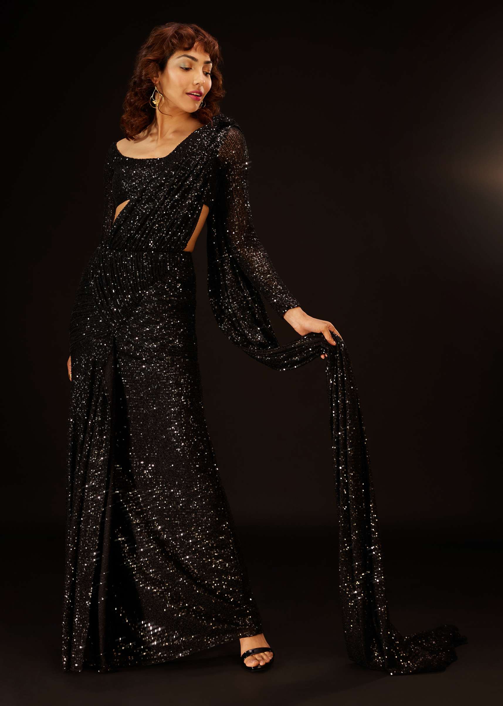 Caviar Black Pre-Pleated Saree In Sequins - Deme X Kalki