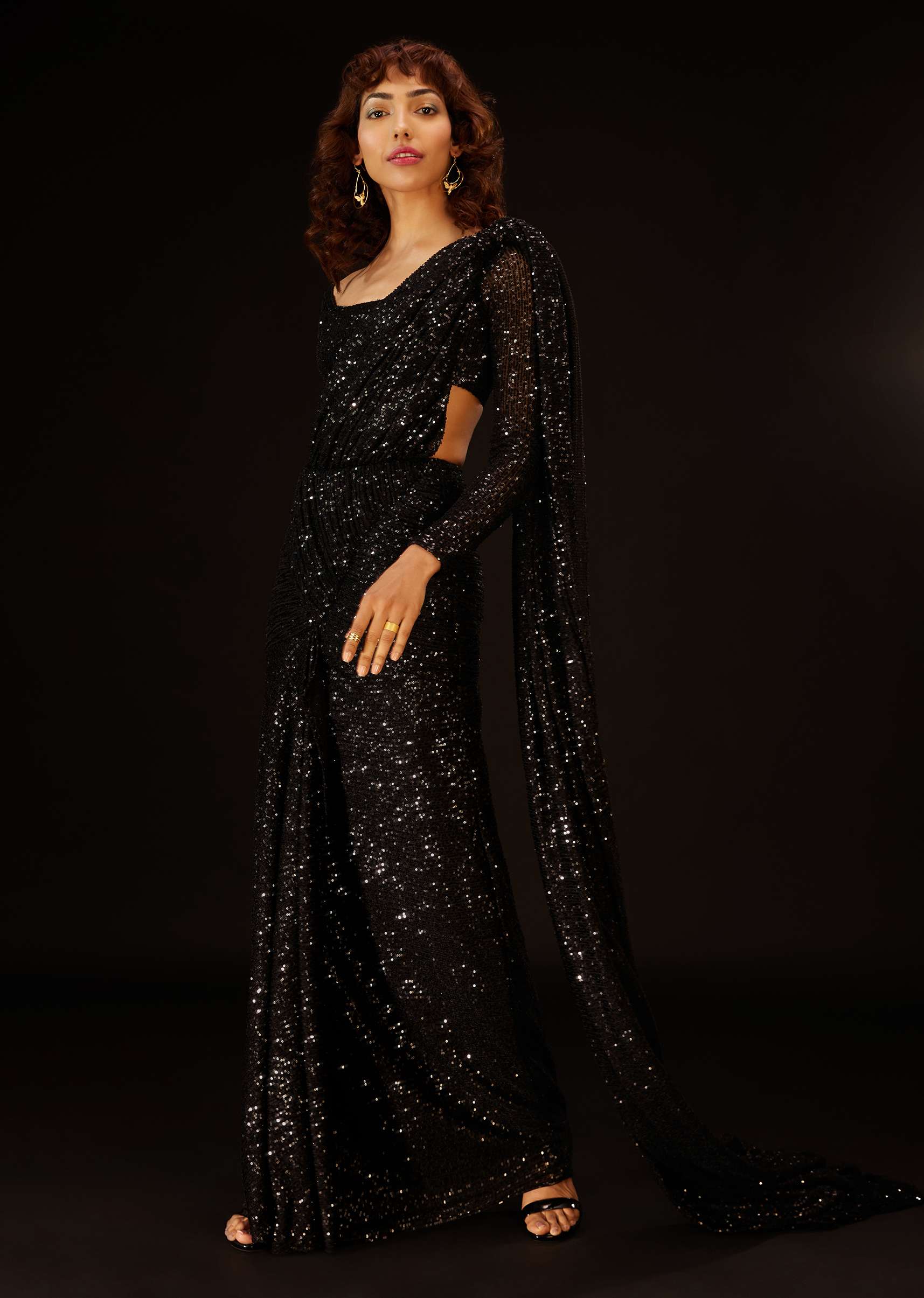 Caviar Black Pre-Pleated Saree In Sequins - Deme X Kalki