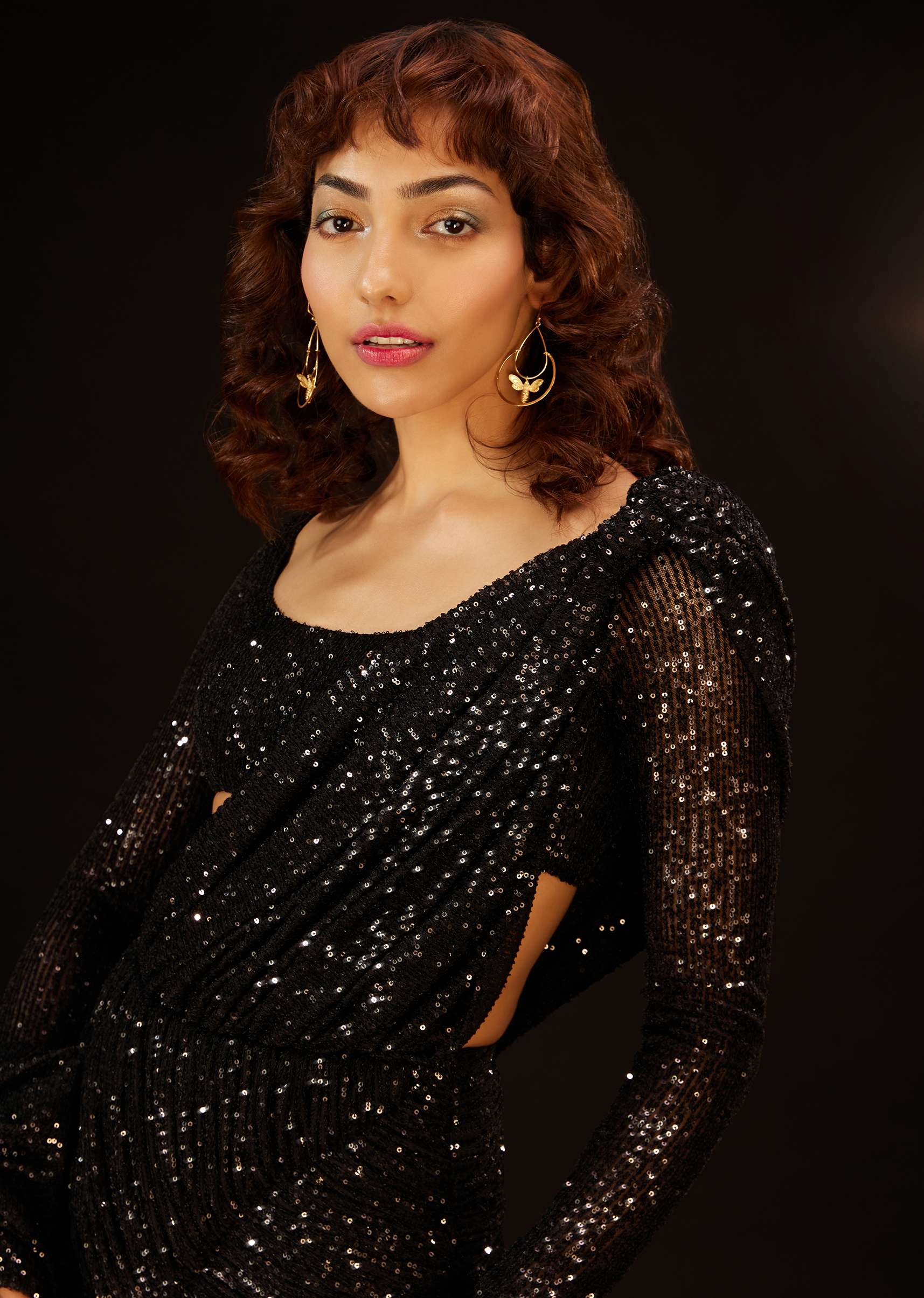 Caviar Black Pre-Pleated Saree In Sequins - Deme X Kalki