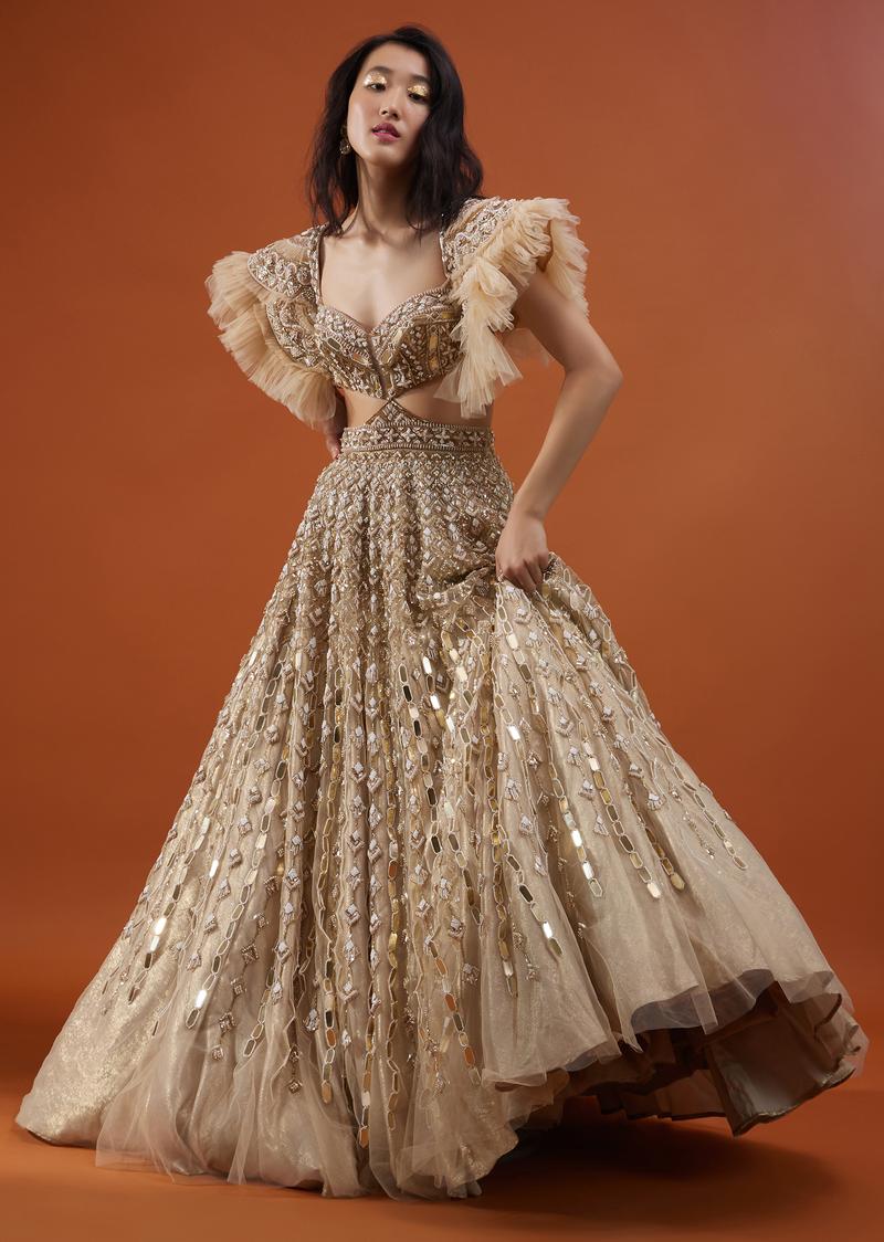 Champagne Gold Angelic Gown In Net With Ruffle Sleeves And Mirror Work - Noor 2022