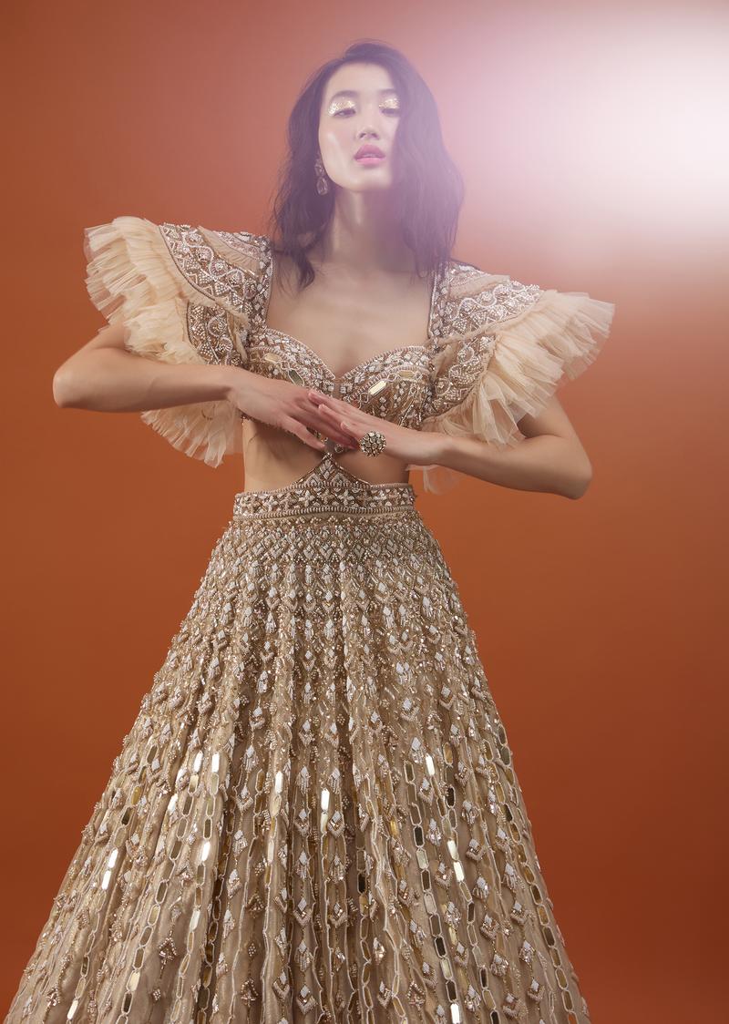 Champagne Gold Angelic Gown In Net With Ruffle Sleeves And Mirror Work - Noor 2022