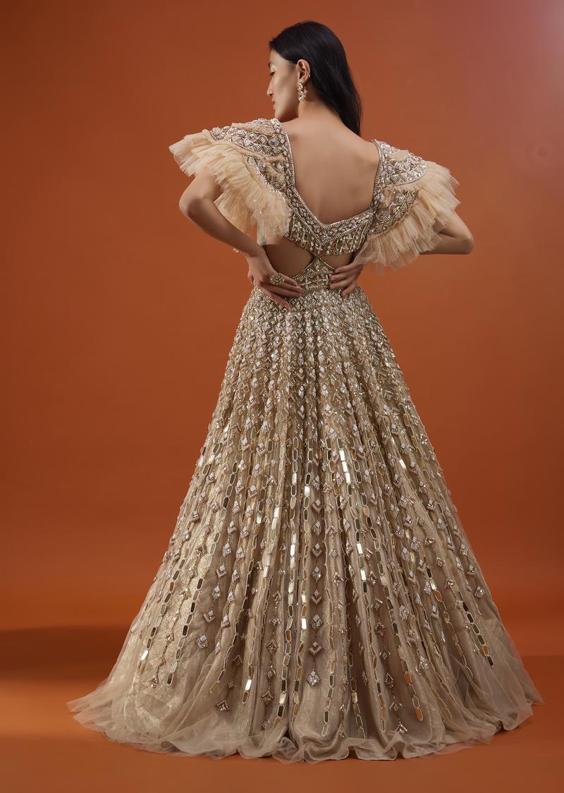 Champagne Gold Angelic Gown In Net With Ruffle Sleeves And Mirror Work - Noor 2022
