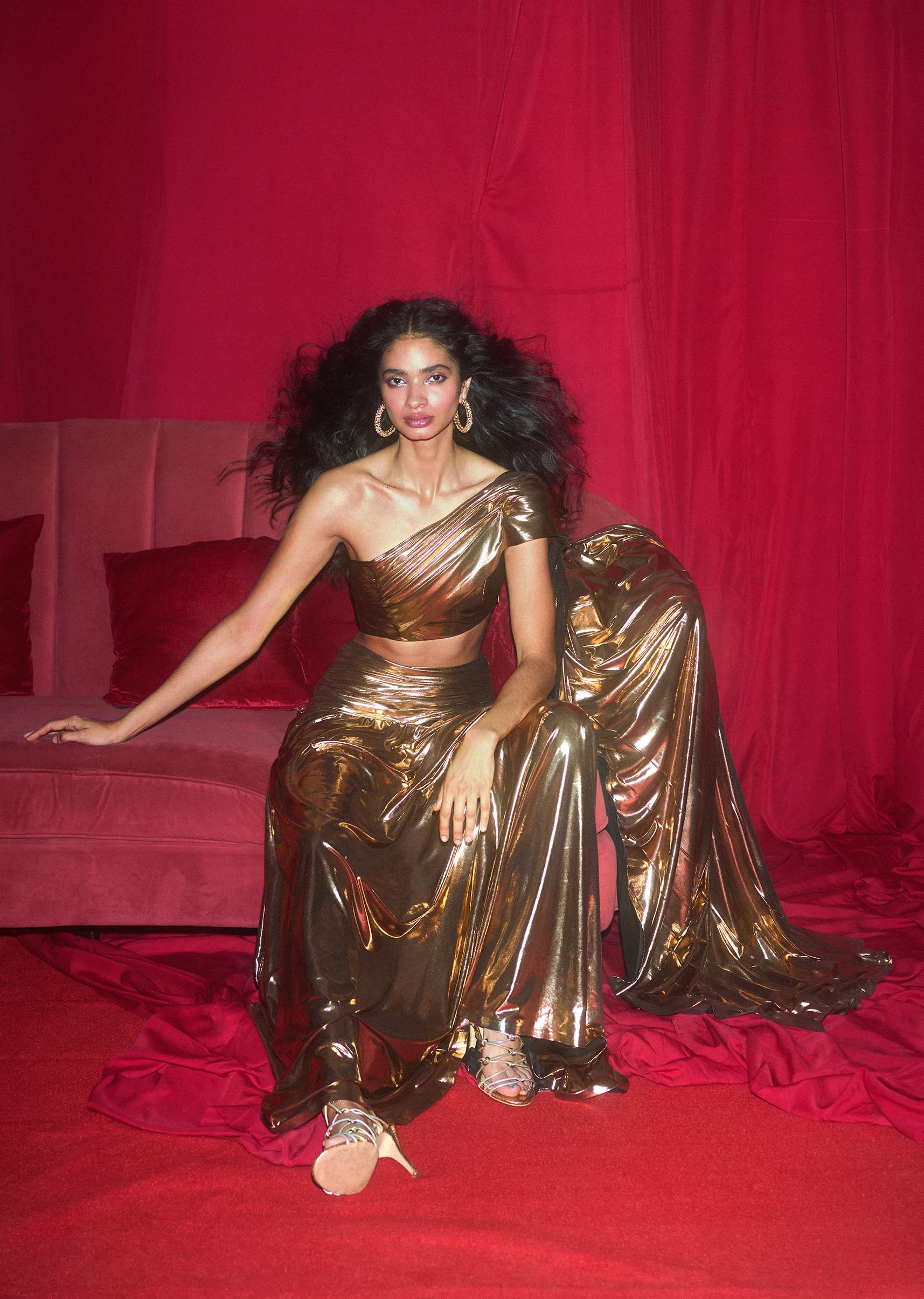 Copper Metallic Skirt With Ruching And One Shoulder Crop Top With Attached Drape