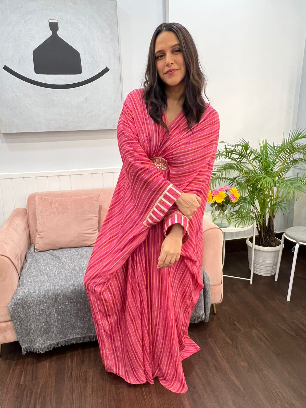 Neha Dhupia In Marigold Buti Kaftan Dress