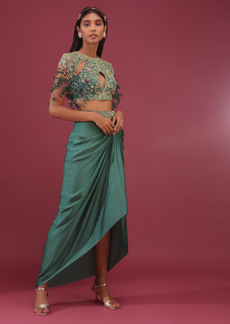 Sea Green Dhoti Crop Top Set In Satin Organza With Embroidery - Noor 2022