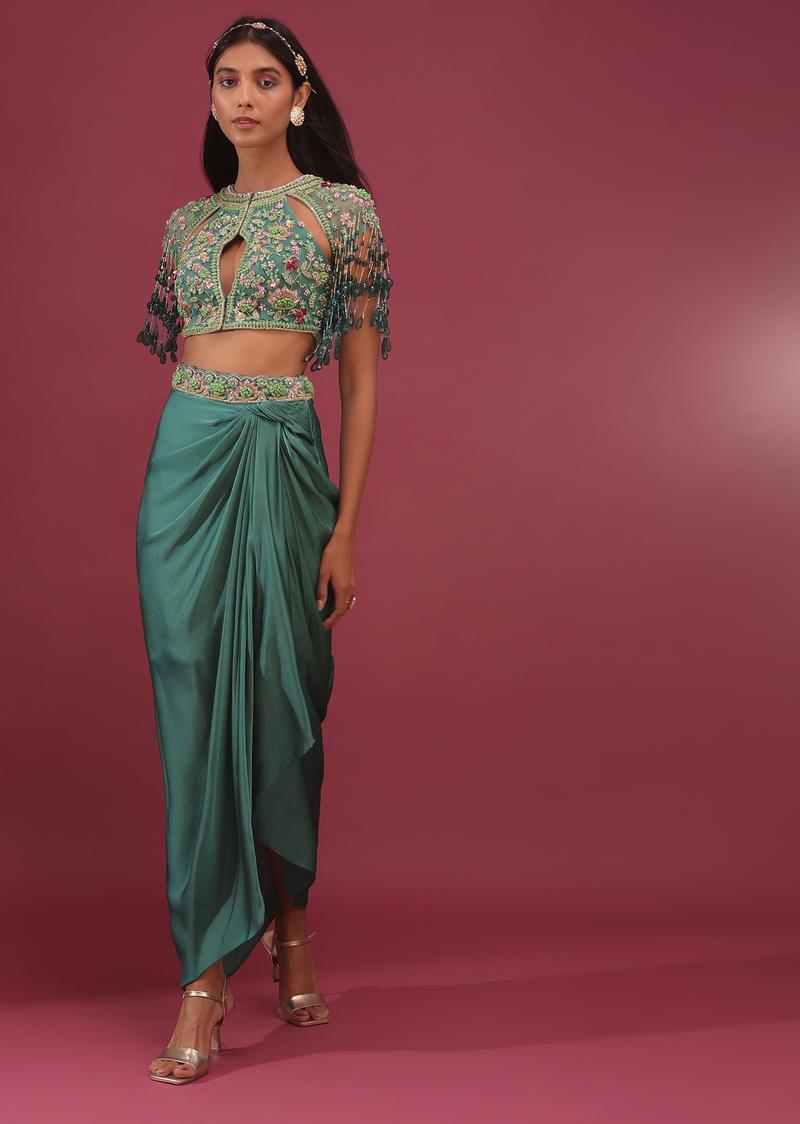 Sea Green Dhoti Crop Top Set In Satin Organza With Embroidery - Noor 2022