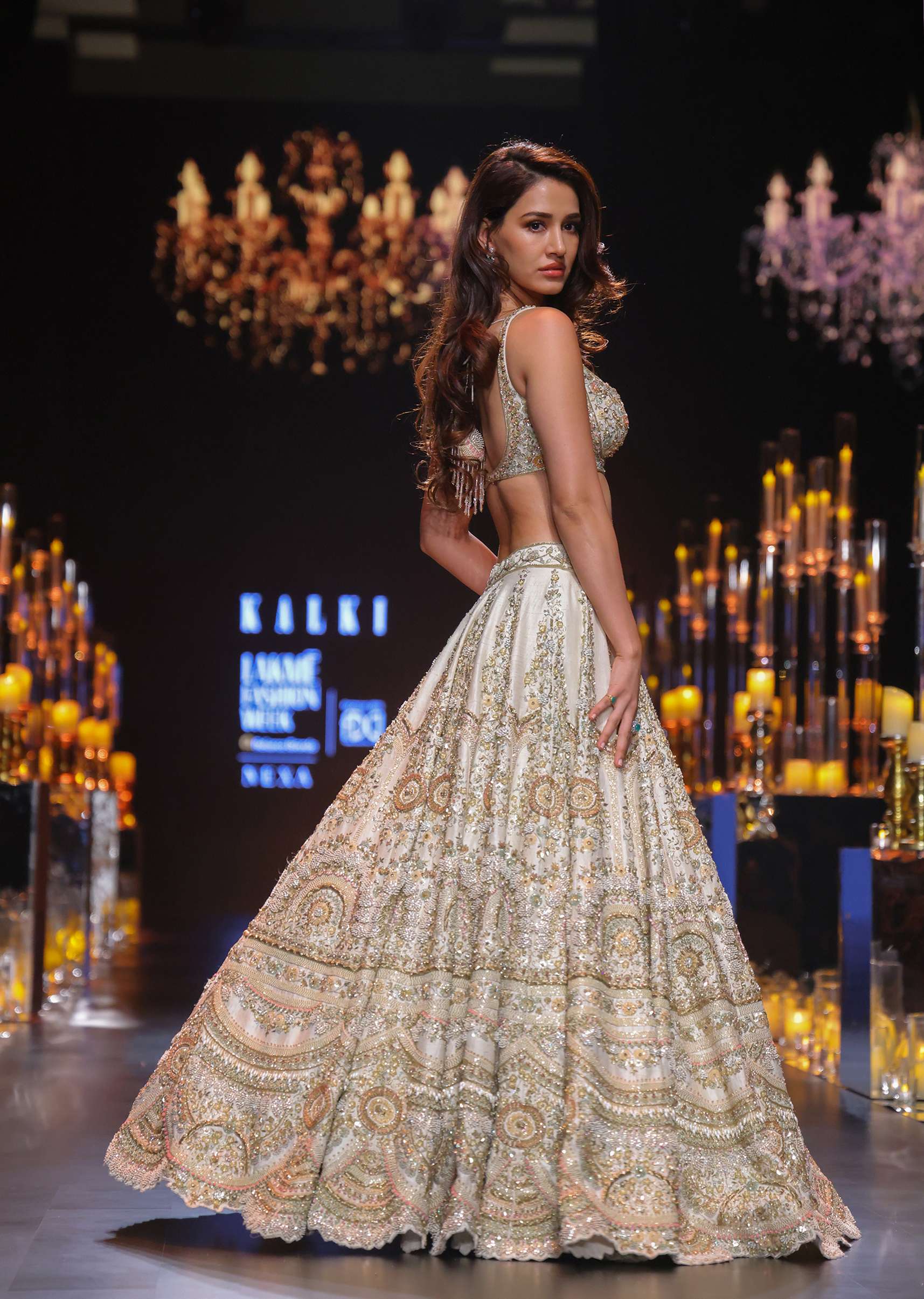 Disha Patani In Peach Lehenga Set With Pearl Butti Embroidery And 3D Flowers