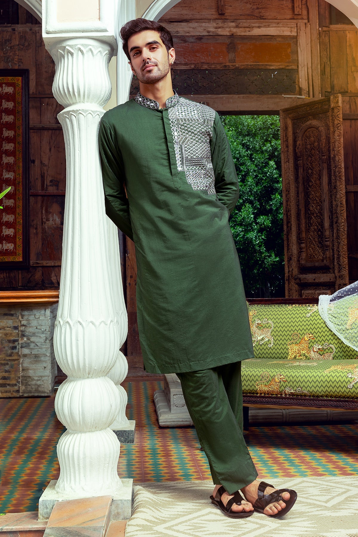 Olive Green Embroidered Kurta, Bundy & Pants