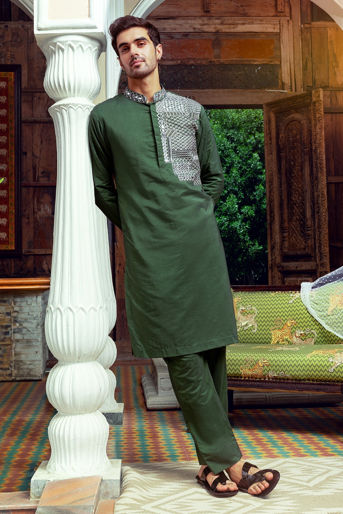 Olive Green Embroidered Kurta, Bundy & Pants
