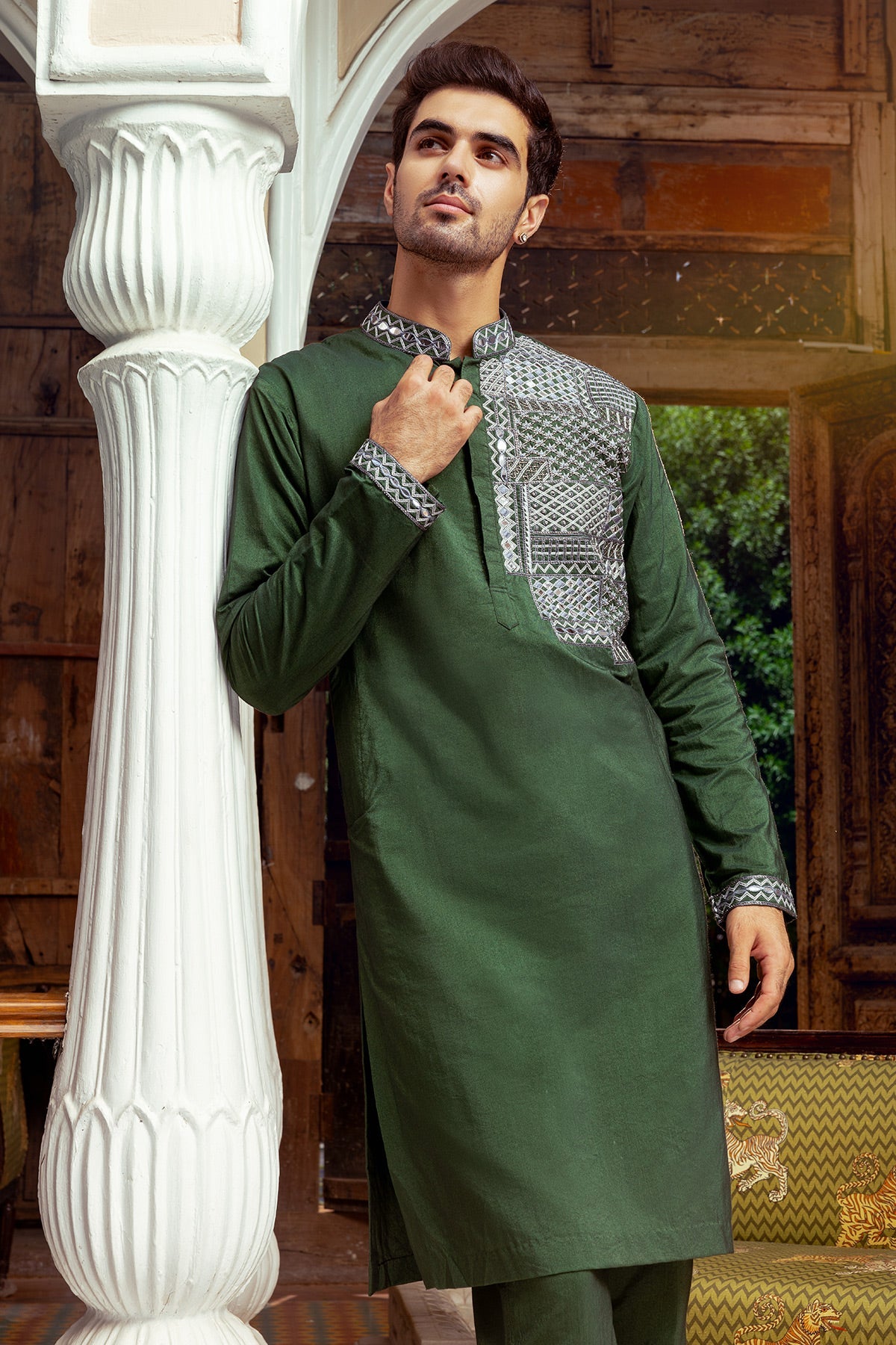 Olive Green Embroidered Kurta, Bundy & Pants