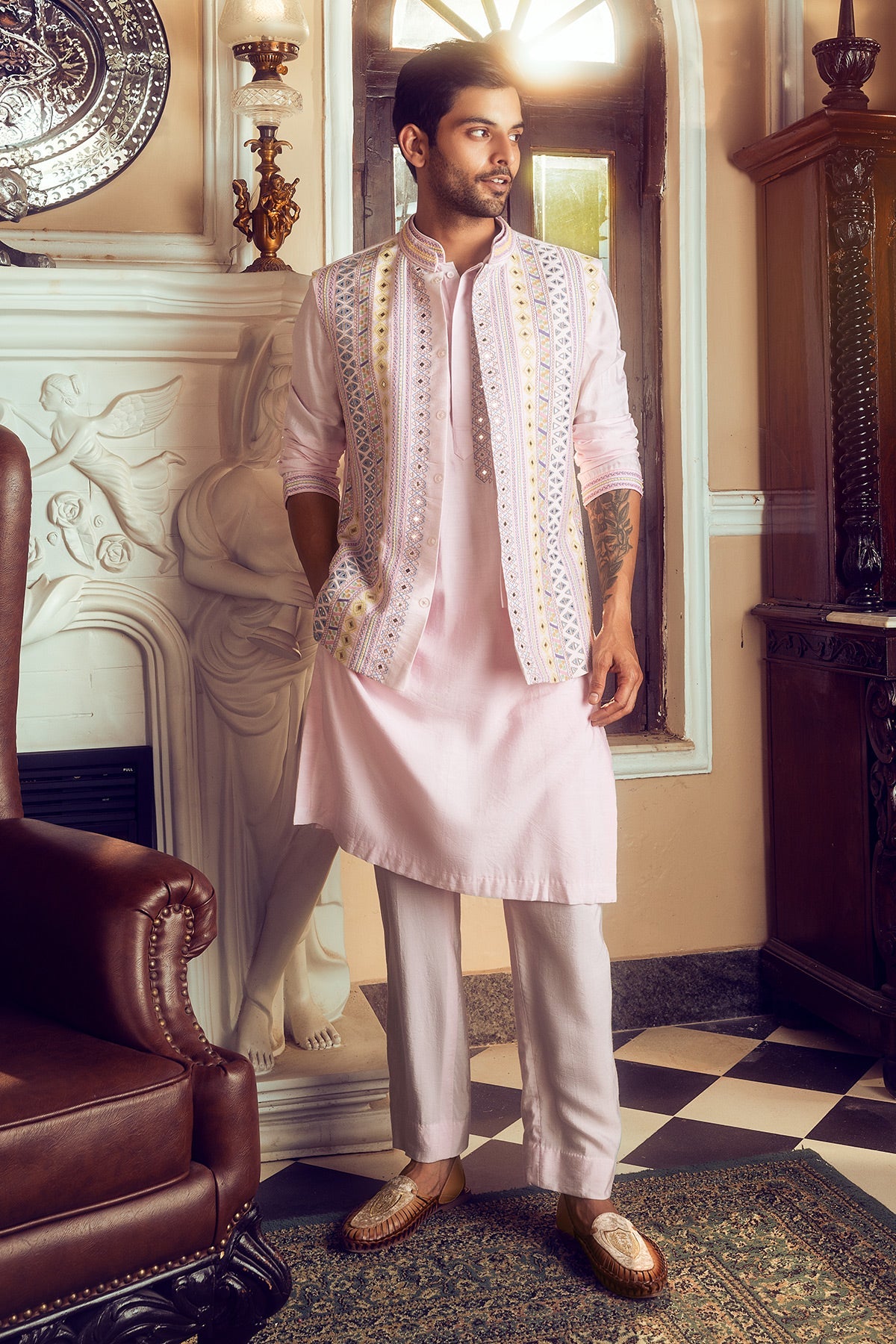 Blush Pink Embroidered Kurta, Bundy & Pants