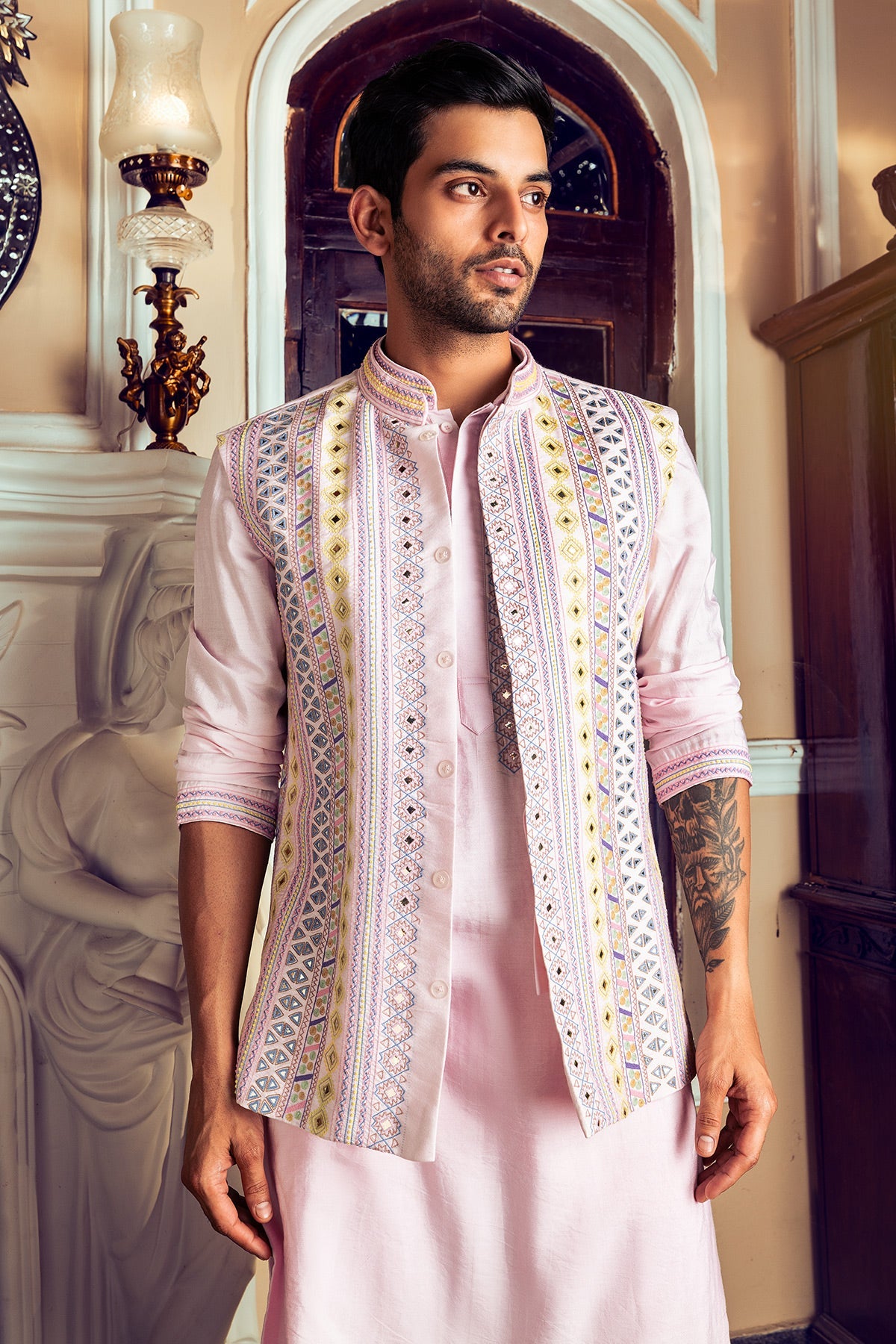 Blush Pink Embroidered Kurta, Bundy & Pants