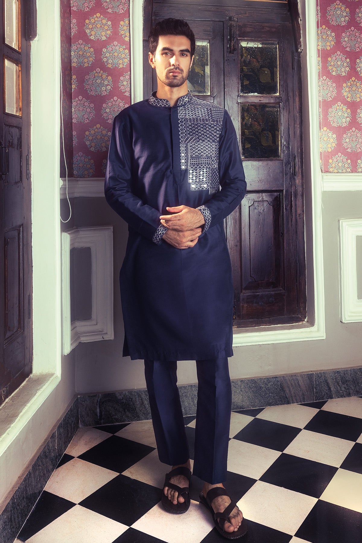 Dark Blue Embroidered Kurta & Pants