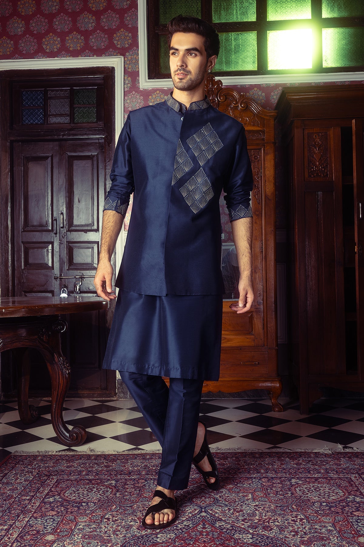 Dark Blue Embroidered Kurta, Bundy & Pants