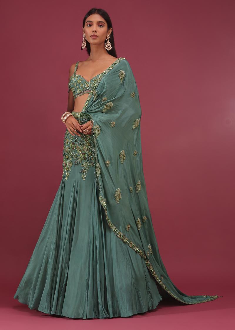 Mint Blue Lehenga Set In Pure Crepe Embroidered With Attached Dupatta - Noor 2022