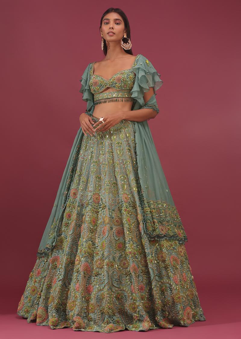 Pista Green Lehenga Set With Net Ruffle Shrug - Noor 2022