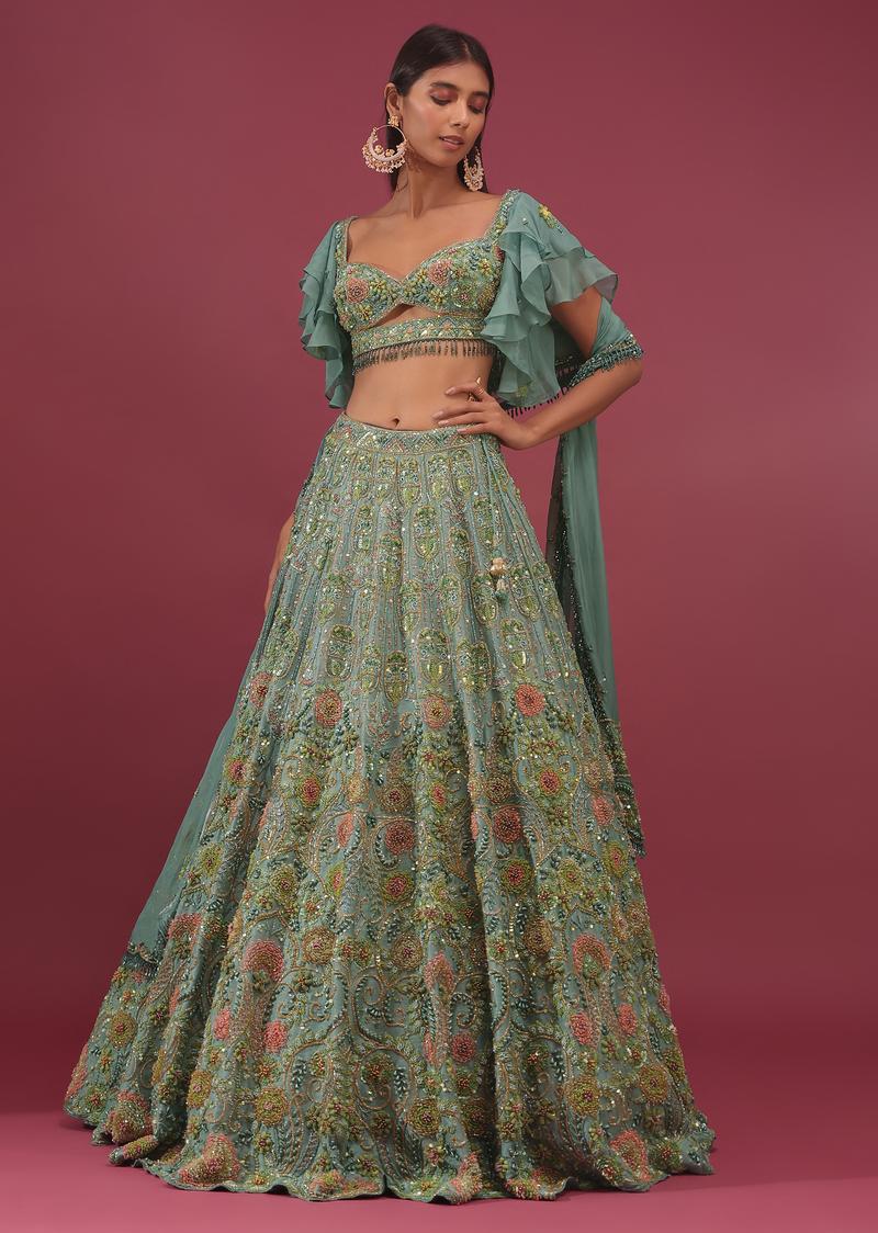 Pista Green Lehenga Set With Net Ruffle Shrug - Noor 2022