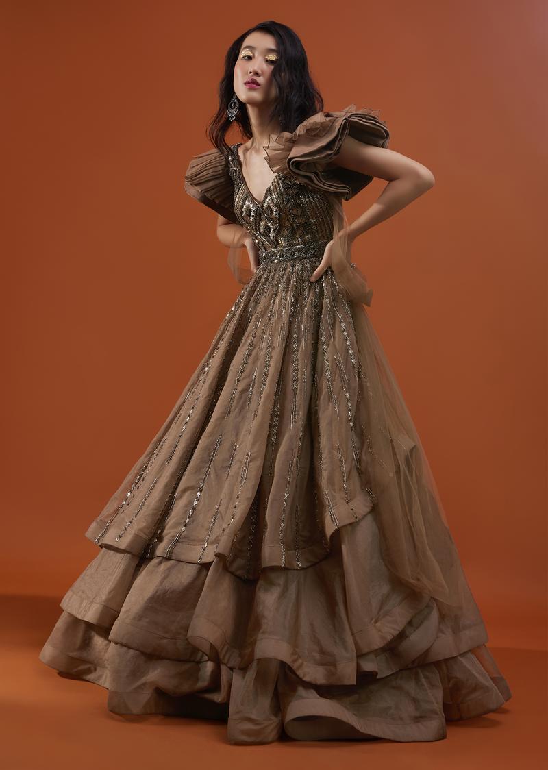 Coffee Brown Froufrou Organza Gown In With Frill Cap Sleeves - Noor 2022
