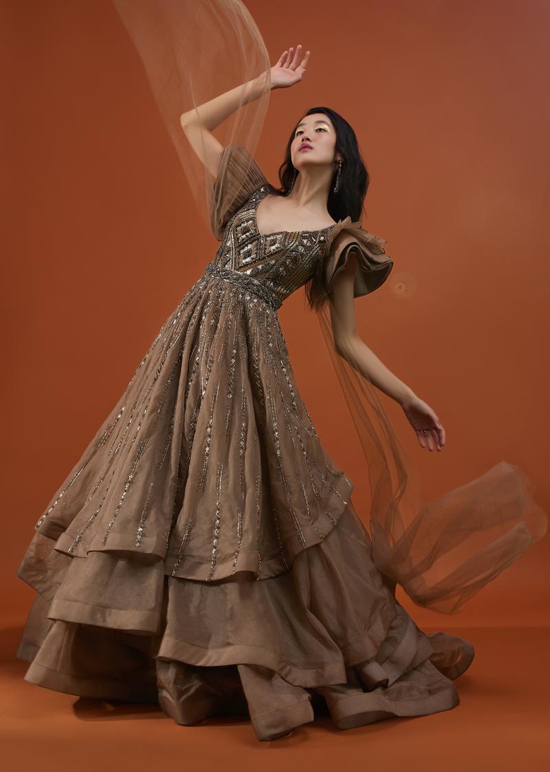 Coffee Brown Froufrou Organza Gown In With Frill Cap Sleeves - Noor 2022