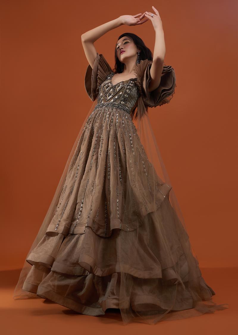 Coffee Brown Froufrou Organza Gown In With Frill Cap Sleeves - Noor 2022