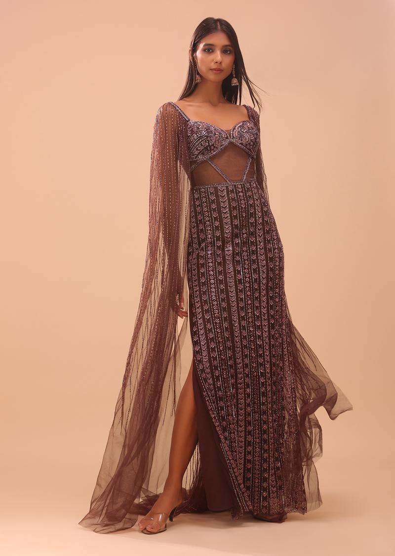 Chocolate Brown Gown In Net With Dreamy Cape Sleeves - Noor 2022
