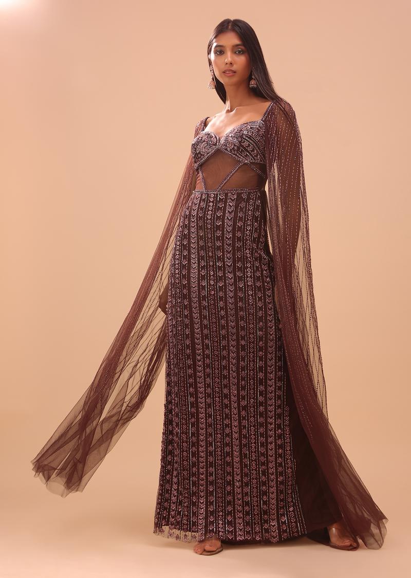 Chocolate Brown Gown In Net With Dreamy Cape Sleeves - Noor 2022