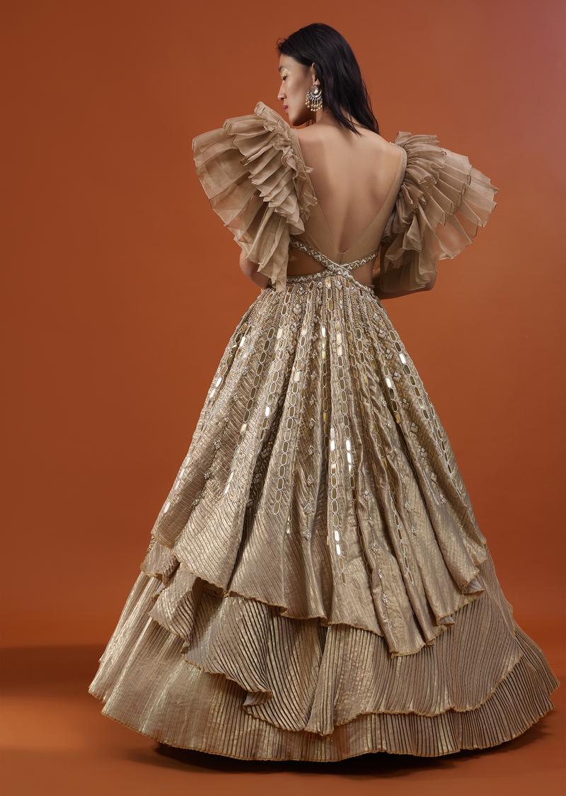 Gold Toned Kalki Gown With Ruffle Sleeves And Embroidery - Noor 2022