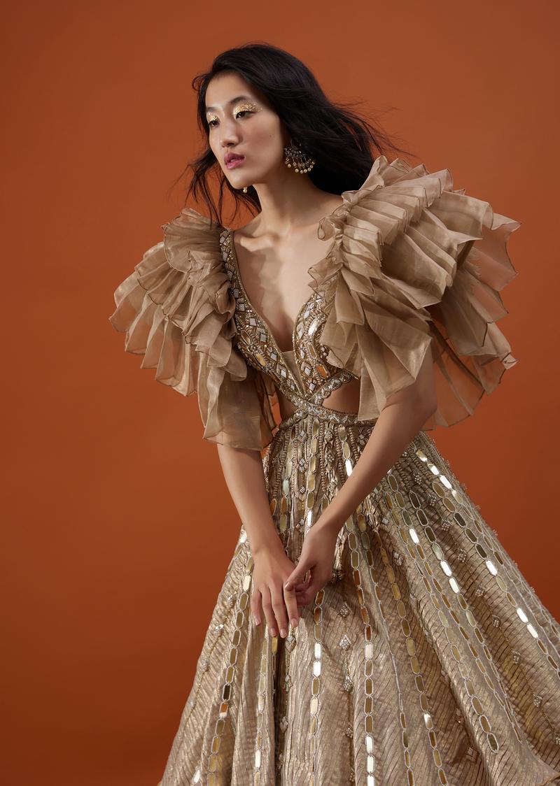 Gold Toned Kalki Gown With Ruffle Sleeves And Embroidery - Noor 2022
