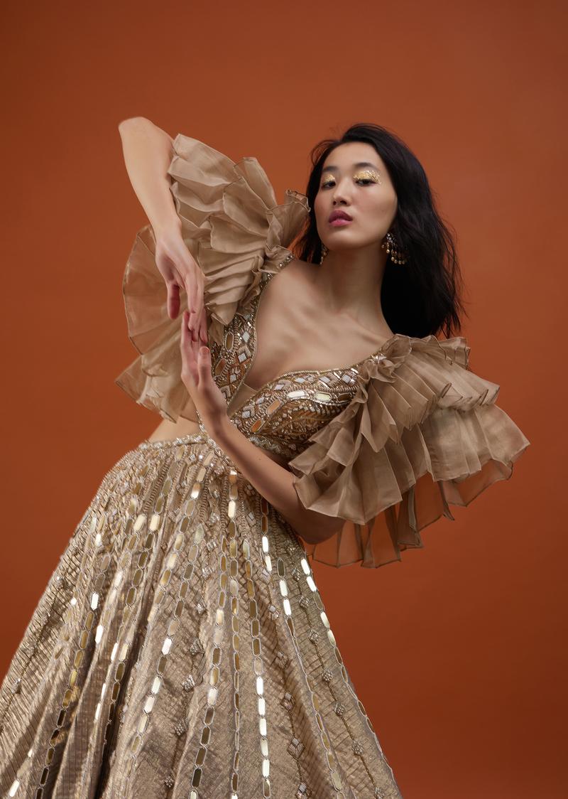 Gold Toned Kalki Gown With Ruffle Sleeves And Embroidery - Noor 2022