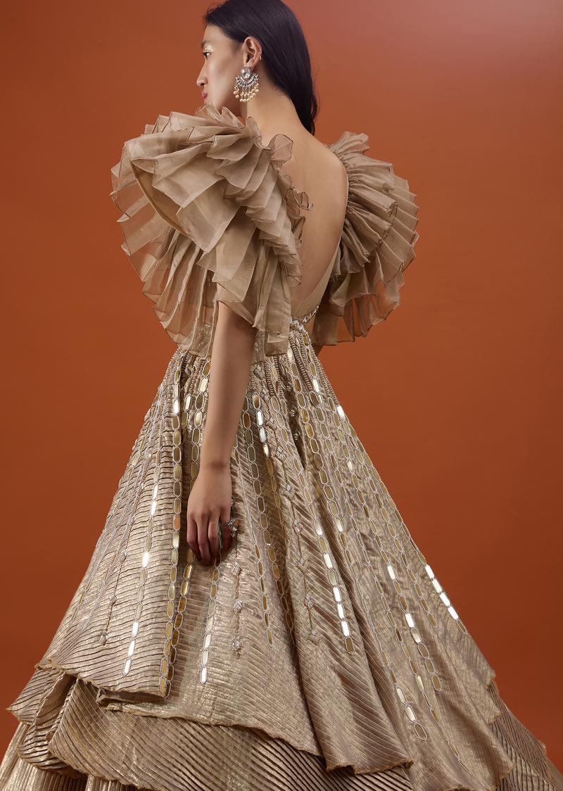 Gold Toned Kalki Gown With Ruffle Sleeves And Embroidery - Noor 2022
