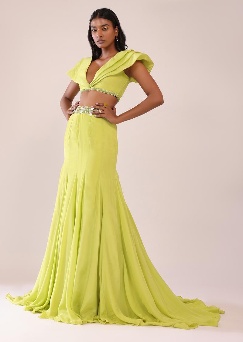 Sheen Green Paneled Lengha And Blouse With Elaborated Sleeves In Crepe