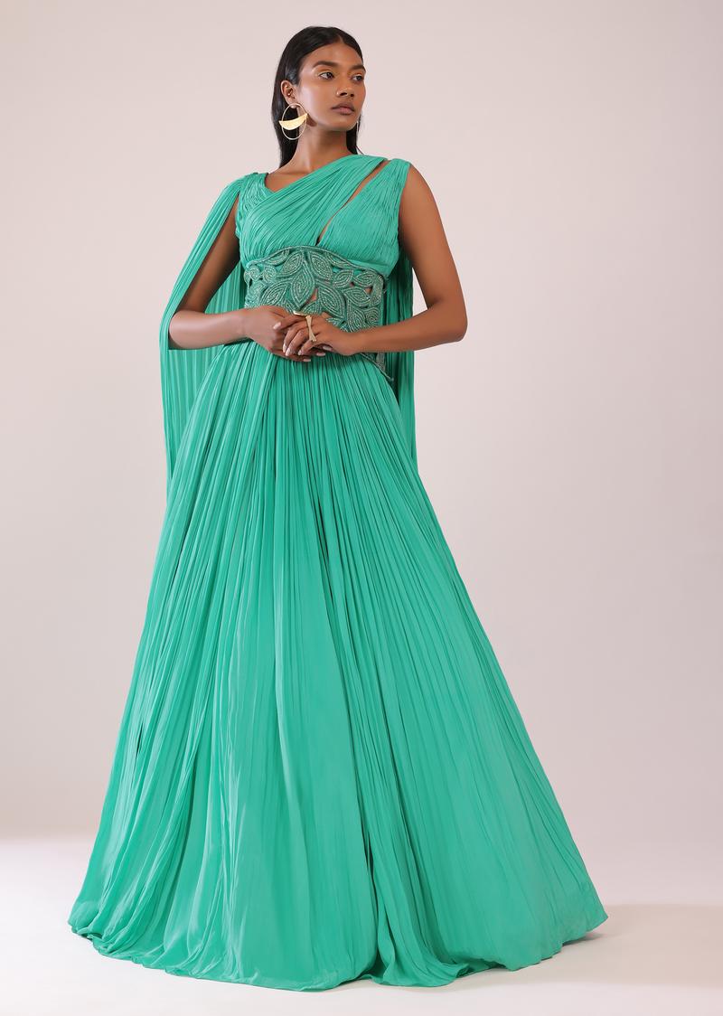 Jade Green Crepe Gown With A Detachable Embroidered Waist Belt