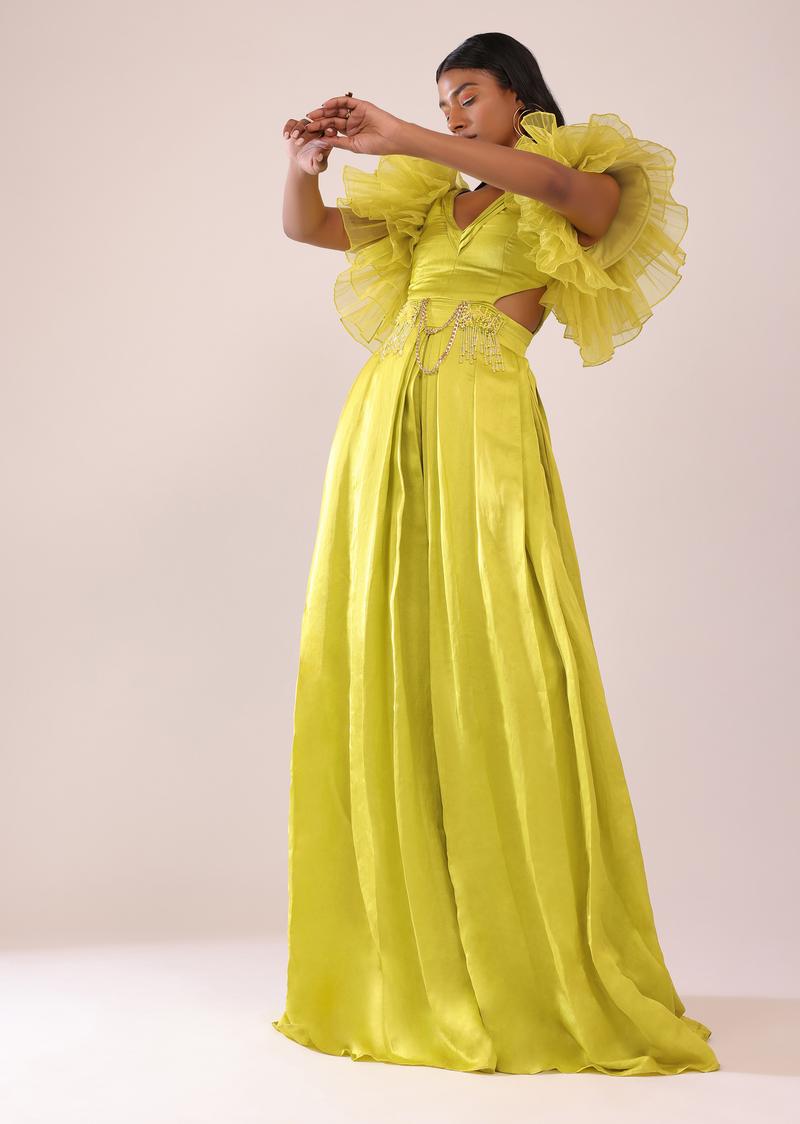 Sheen Green Jumpsuit With Ruffle Sleeves In Viscos Linen And Satin