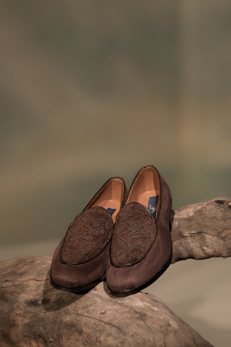 Coffee Cord Embroidery Loafers