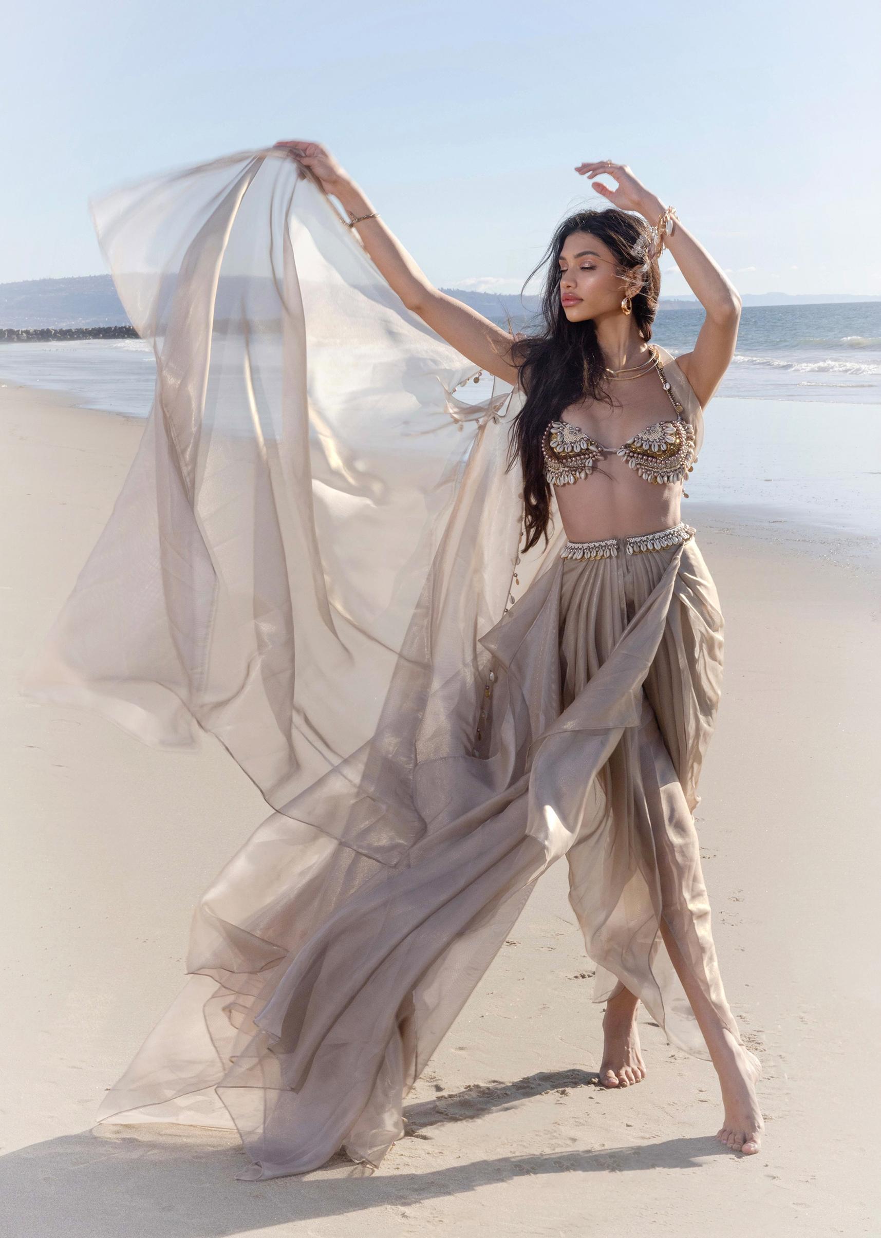 Kalki Fashion,SG157156,Champagne Brown Shell Embroidered Dhoti Skirt And Bustier Set In Organza