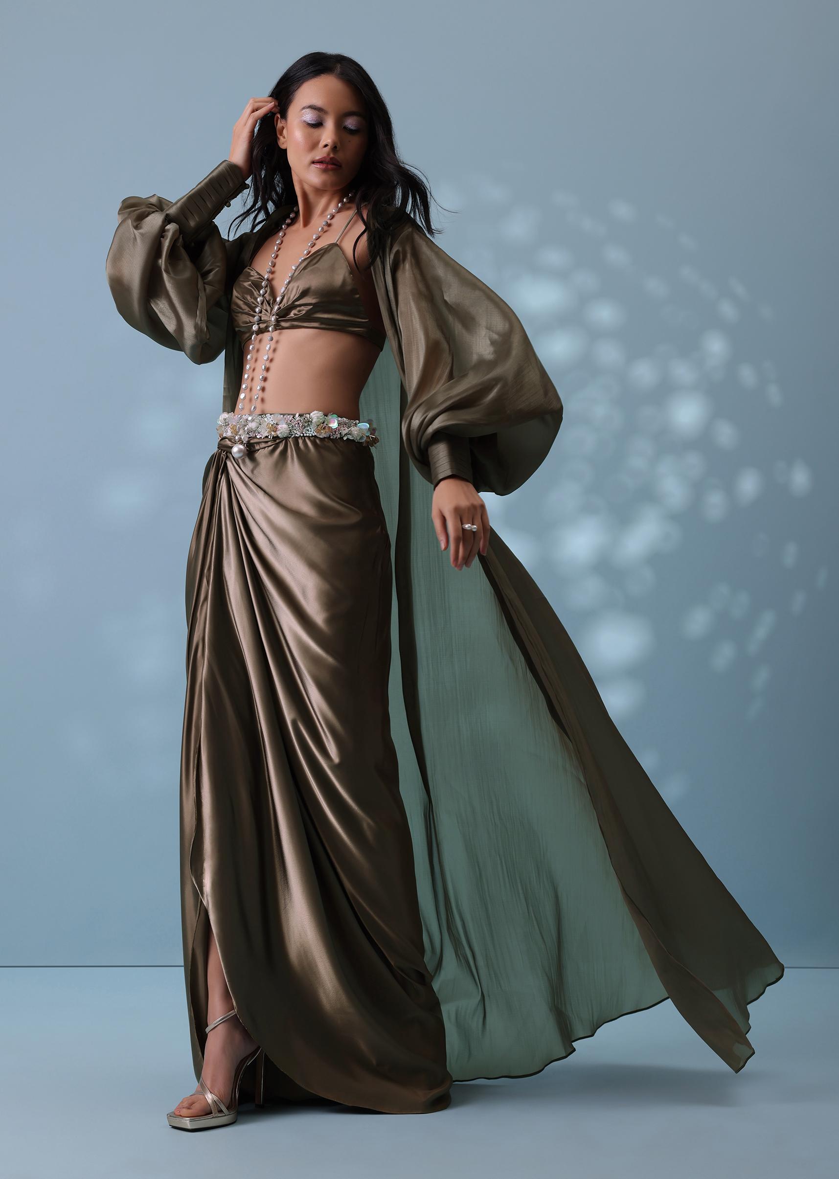 Kalki Fashion,SG132876,Chocolate Brown Indowestern Skirt Set With Jacket In Milano Organza