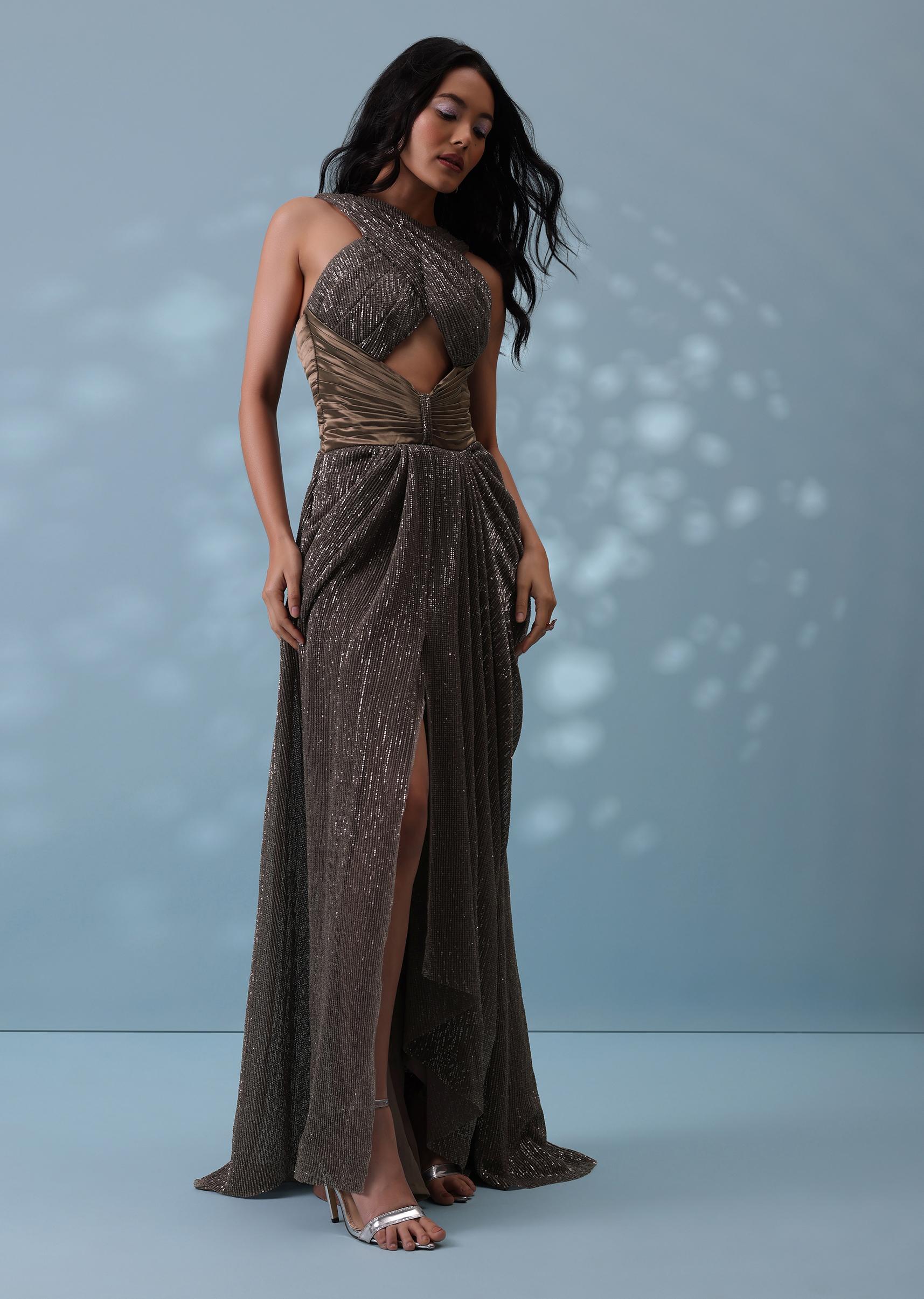 Kalki Fashion,SG140917,Coffee Brown Pleated Indowestern Ready-To-Wear Saree Gown In Sequins Lycra