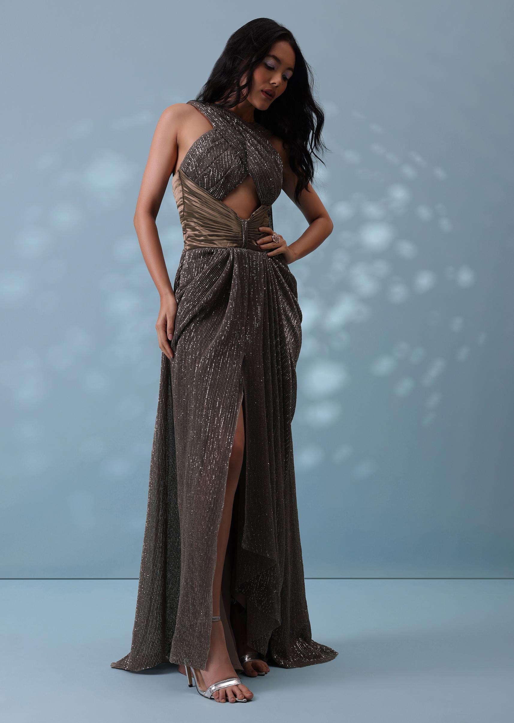 Kalki Fashion,SG140917,Coffee Brown Pleated Indowestern Ready-To-Wear Saree Gown In Sequins Lycra
