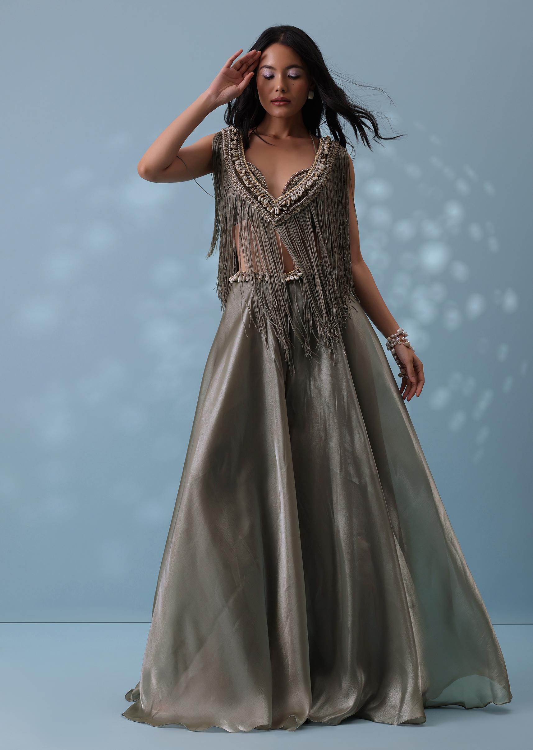 Kalki Fashion,SG132390,Dusty Brown Embroidered Skirt Top Set In Shimmer Organza With Fringe Shrug