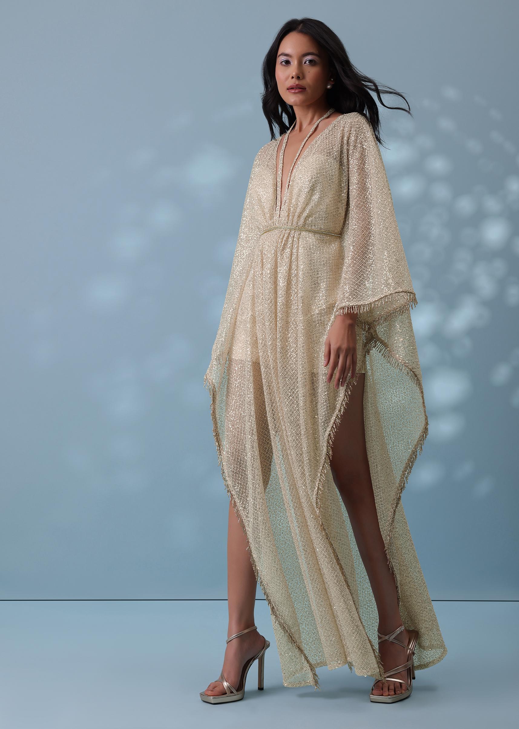 Kalki Fashion,SG132911,Ivory White Indowestern Kaftan In Sequins With Tassels