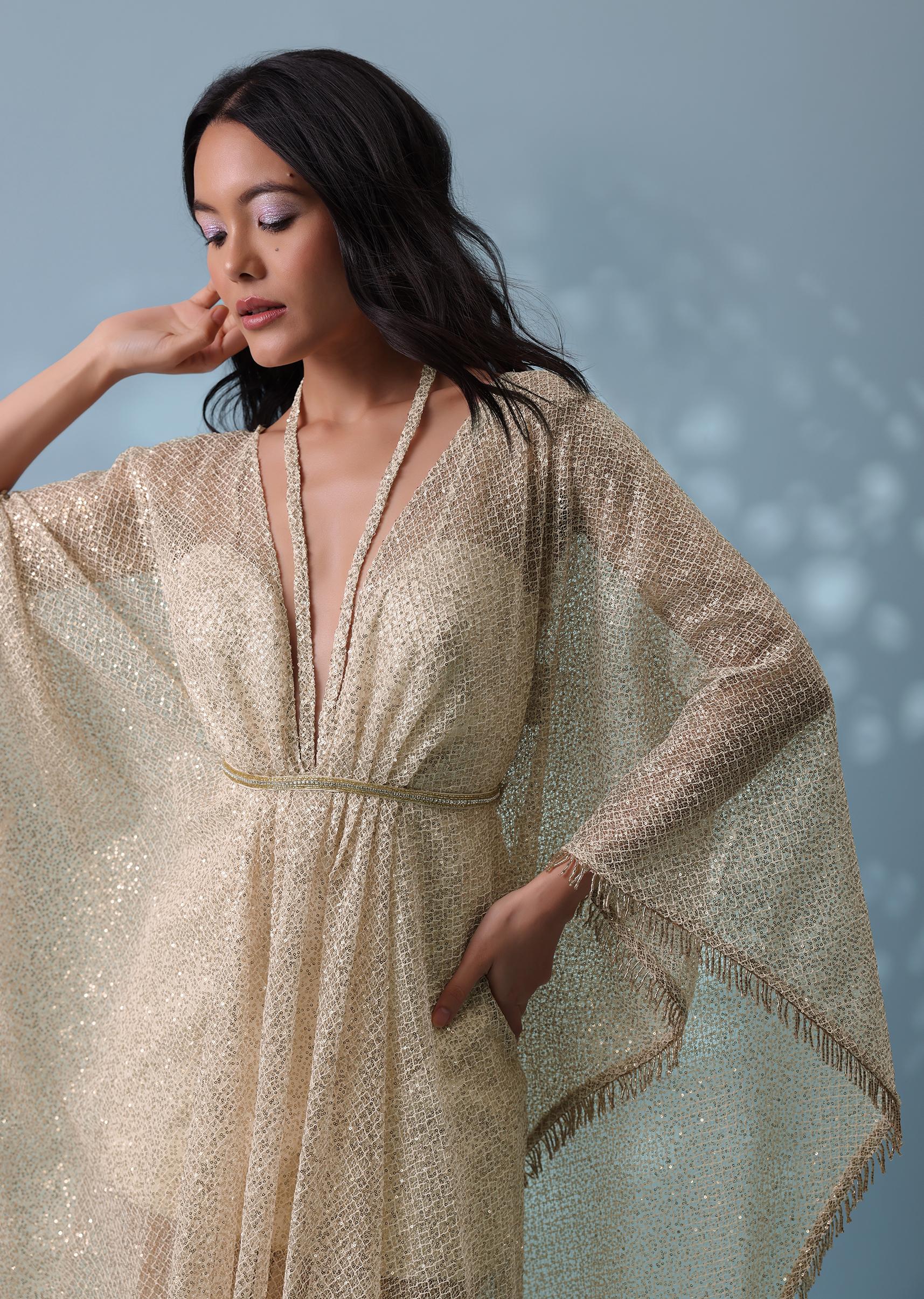Kalki Fashion,SG132911,Ivory White Indowestern Kaftan In Sequins With Tassels
